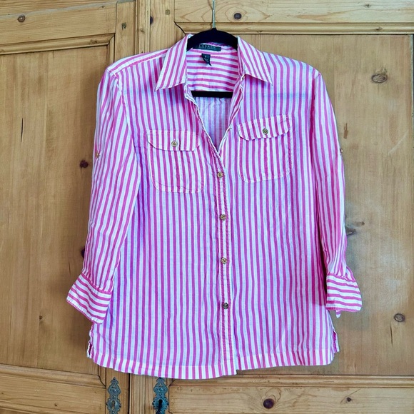 Ralph Lauren Tops - Ralph Lauren Women’s Striped Linen Button Down Shirt w/ Gold Anchor Buttons Sz S